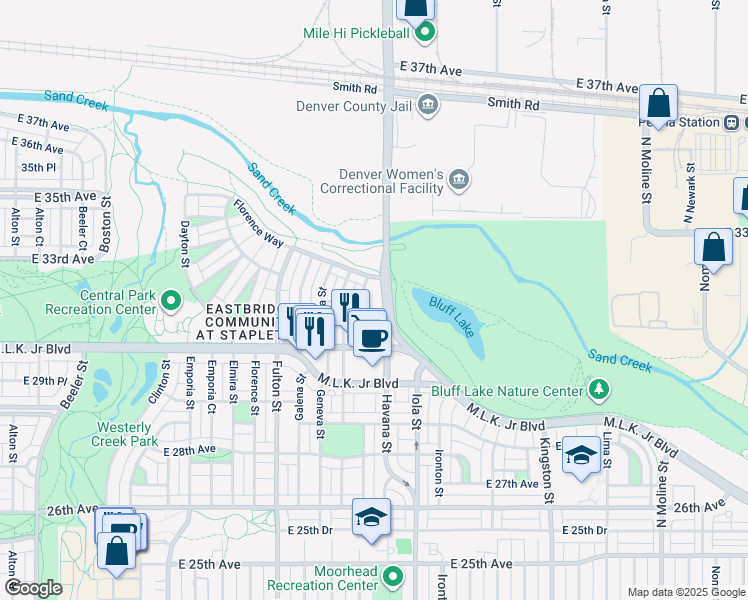 map of restaurants, bars, coffee shops, grocery stores, and more near 10425 East 31st Avenue in Denver