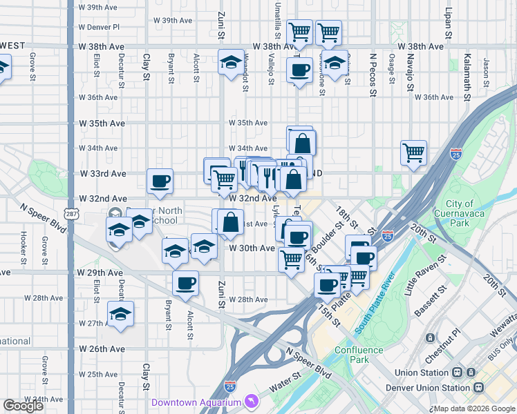 map of restaurants, bars, coffee shops, grocery stores, and more near 2235 West 32nd Avenue in Denver
