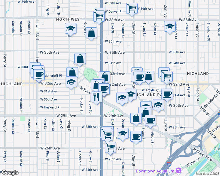map of restaurants, bars, coffee shops, grocery stores, and more near 2900 West 32nd Avenue in Denver