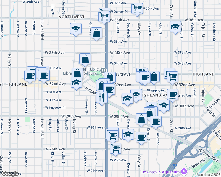 map of restaurants, bars, coffee shops, grocery stores, and more near 2900 West 32nd Avenue in Denver
