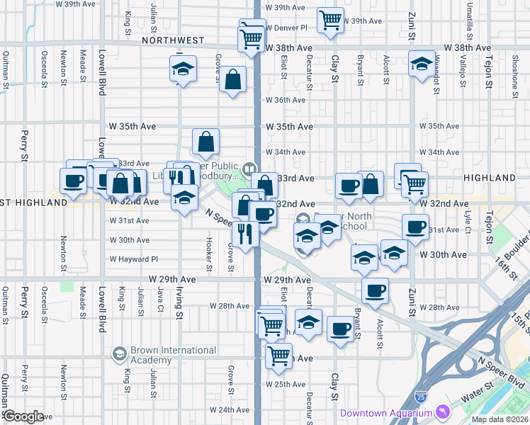 map of restaurants, bars, coffee shops, grocery stores, and more near in Denver