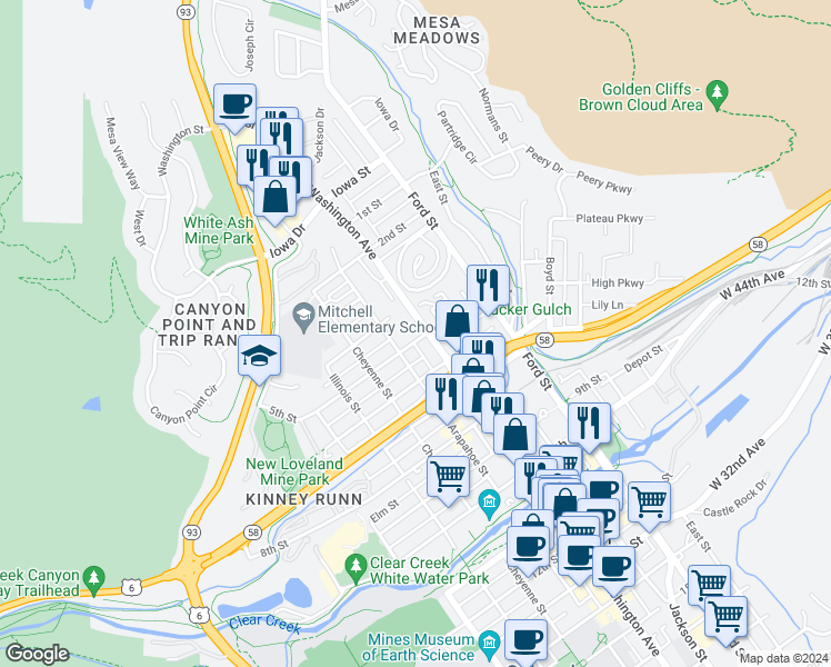 map of restaurants, bars, coffee shops, grocery stores, and more near 408 Washington Avenue in Golden