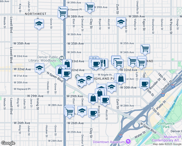 map of restaurants, bars, coffee shops, grocery stores, and more near in Denver
