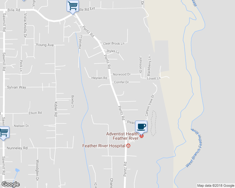 map of restaurants, bars, coffee shops, grocery stores, and more near 6140 Pentz Road in Paradise