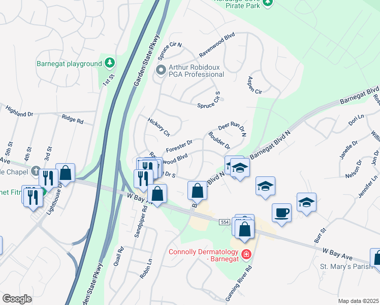 map of restaurants, bars, coffee shops, grocery stores, and more near 18 Forester Drive in Barnegat Township