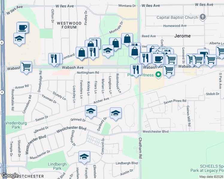 map of restaurants, bars, coffee shops, grocery stores, and more near 44 Longbow Lane in Springfield