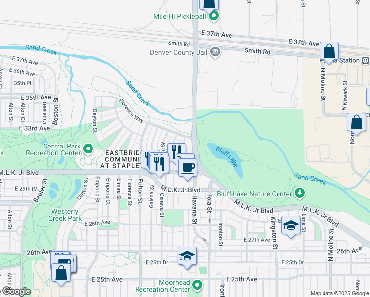 map of restaurants, bars, coffee shops, grocery stores, and more near 10425 East 31st Avenue in Denver