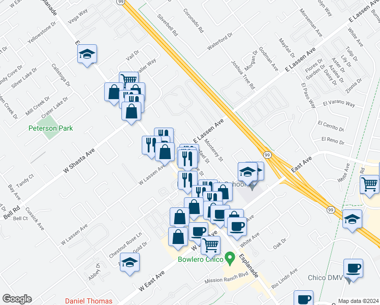 map of restaurants, bars, coffee shops, grocery stores, and more near 2748 San Jose Street in Chico