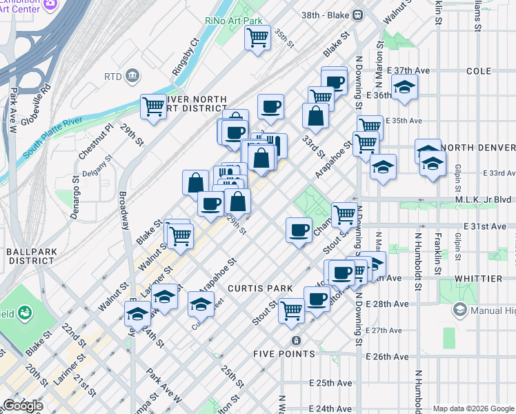 map of restaurants, bars, coffee shops, grocery stores, and more near 30th St & Lawrence St in Denver