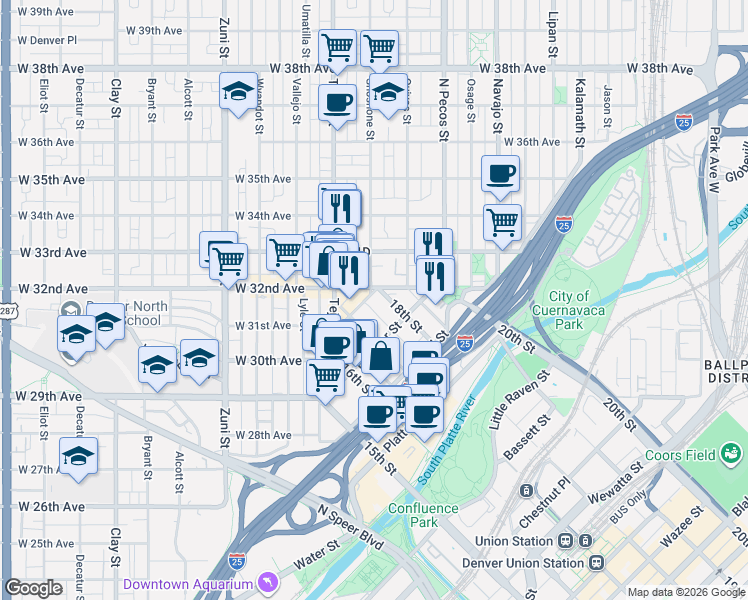 map of restaurants, bars, coffee shops, grocery stores, and more near 2680 18th Street in Denver