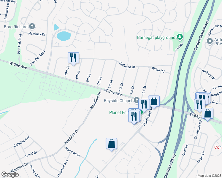 map of restaurants, bars, coffee shops, grocery stores, and more near 1012 West Bay Avenue in Barnegat Township