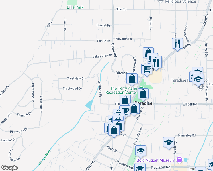 map of restaurants, bars, coffee shops, grocery stores, and more near 5935 Pine View Drive in Paradise