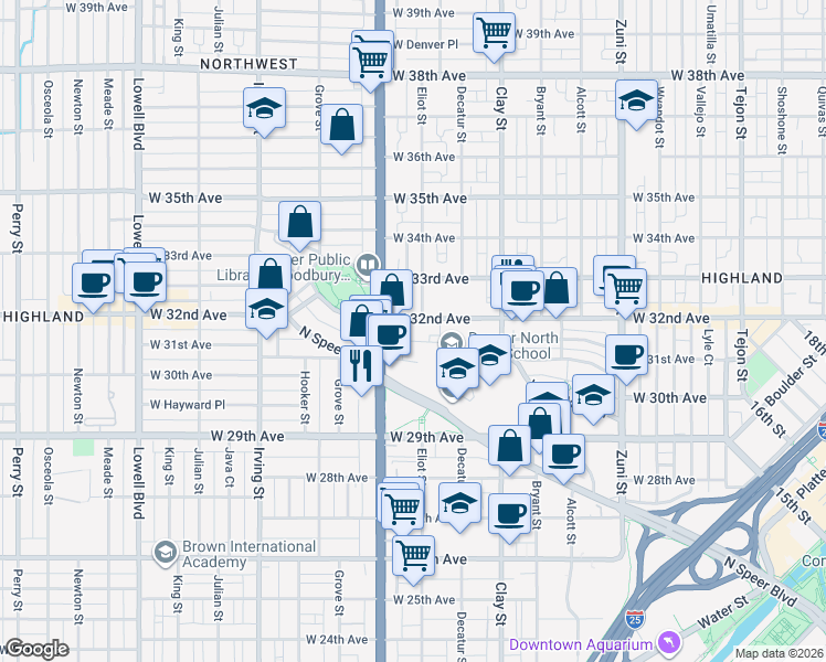 map of restaurants, bars, coffee shops, grocery stores, and more near 2900 West 32nd Avenue in Denver