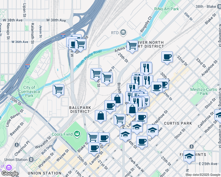 map of restaurants, bars, coffee shops, grocery stores, and more near 2600 Wewatta Way in Denver