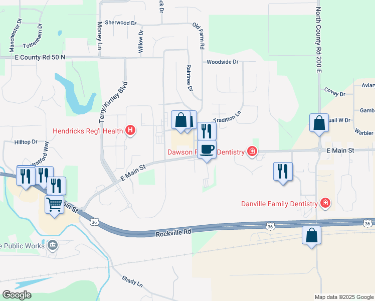 map of restaurants, bars, coffee shops, grocery stores, and more near 20 Old Farm Road in Danville