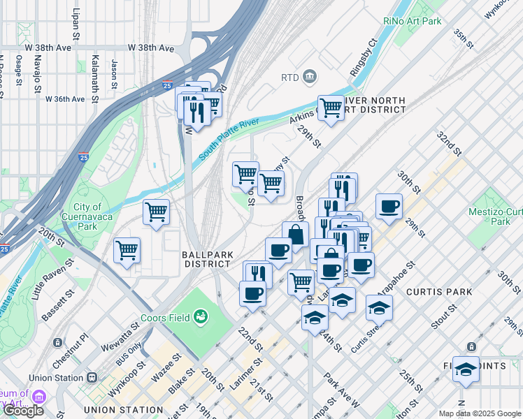 map of restaurants, bars, coffee shops, grocery stores, and more near 2520 Wewatta Way in Denver