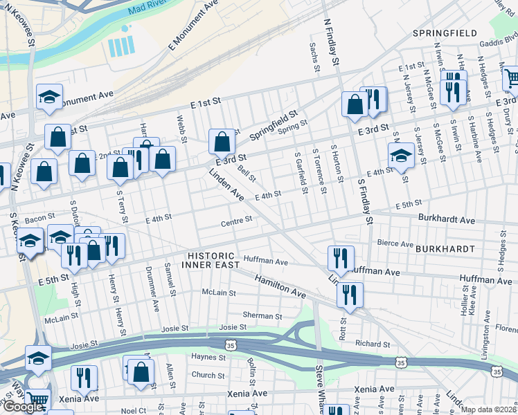 map of restaurants, bars, coffee shops, grocery stores, and more near 102 Linden Avenue in Dayton