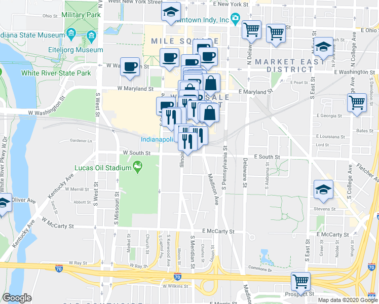 map of restaurants, bars, coffee shops, grocery stores, and more near in Indianapolis