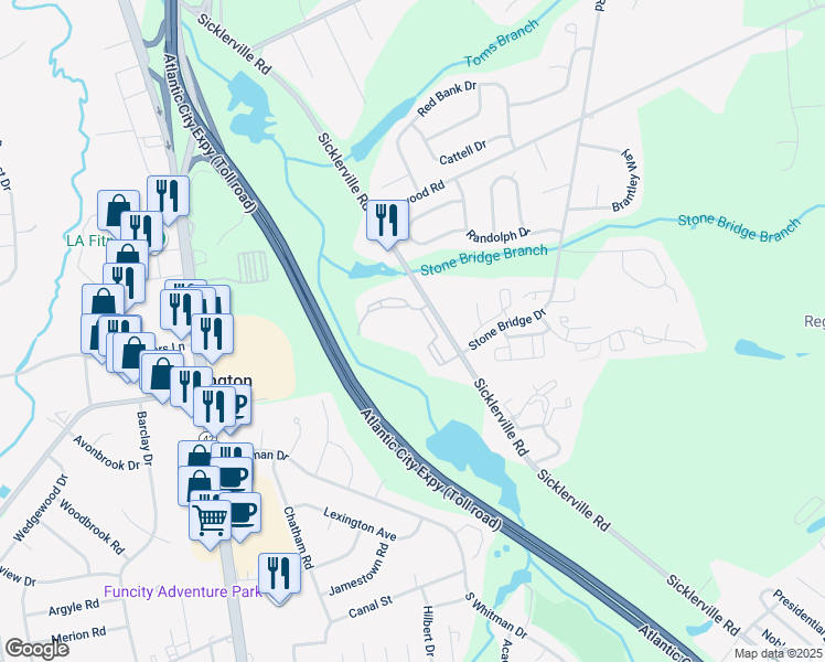 map of restaurants, bars, coffee shops, grocery stores, and more near 1604 Beacon Hill Drive in Sicklerville