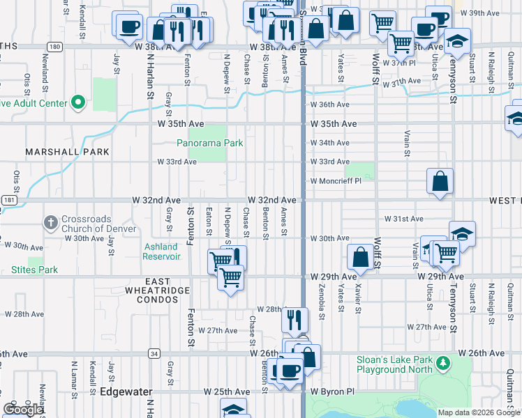 map of restaurants, bars, coffee shops, grocery stores, and more near 3153 Benton Street in Wheat Ridge