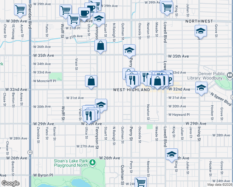 map of restaurants, bars, coffee shops, grocery stores, and more near 3124 Raleigh Street in Denver
