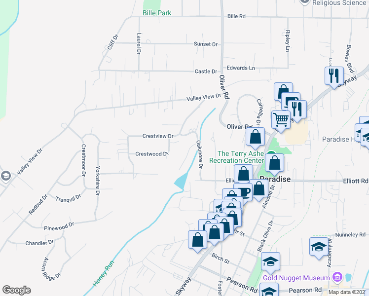 map of restaurants, bars, coffee shops, grocery stores, and more near 585 Valstream Drive in Paradise