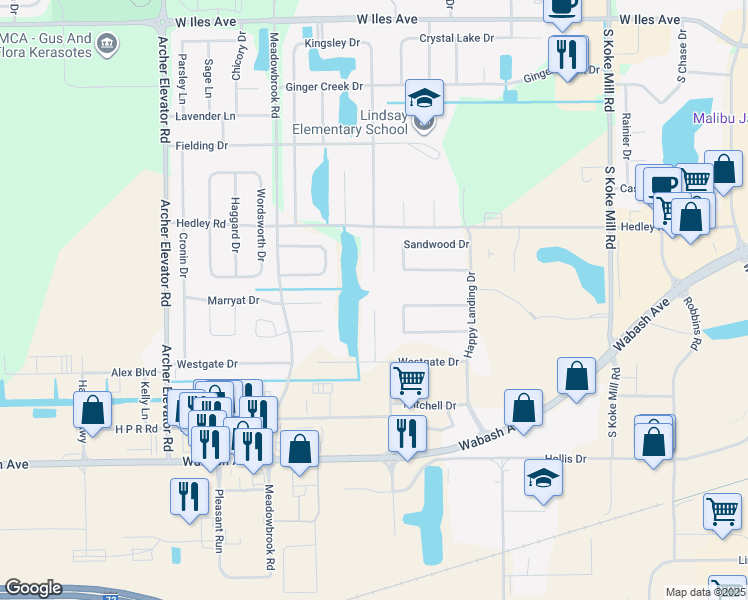 map of restaurants, bars, coffee shops, grocery stores, and more near 2900 Kipling Court in Springfield
