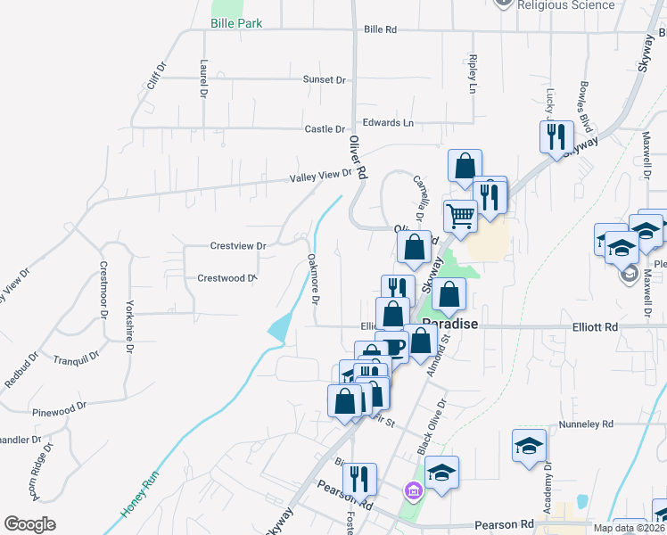 map of restaurants, bars, coffee shops, grocery stores, and more near 5935 Pine View Drive in Paradise