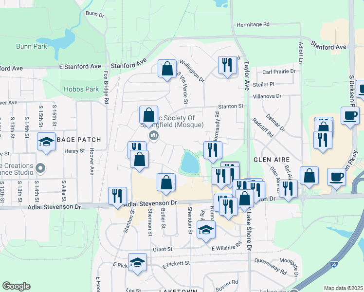 map of restaurants, bars, coffee shops, grocery stores, and more near 2399 Bradley Court in Springfield