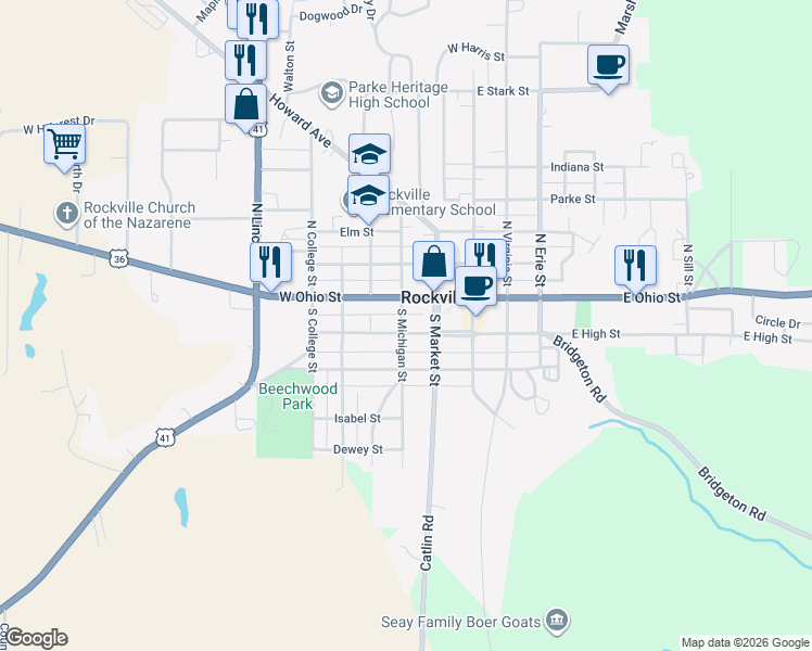 map of restaurants, bars, coffee shops, grocery stores, and more near 307 West Ohio Street in Rockville