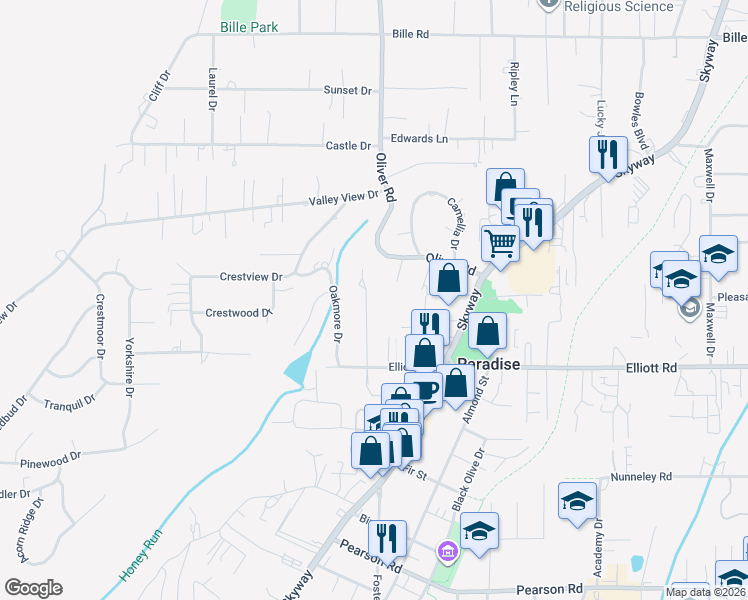 map of restaurants, bars, coffee shops, grocery stores, and more near 5936 Pine View Drive in Paradise