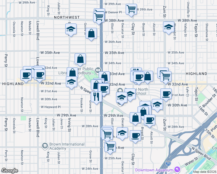 map of restaurants, bars, coffee shops, grocery stores, and more near 2920 West 32nd Avenue in Denver