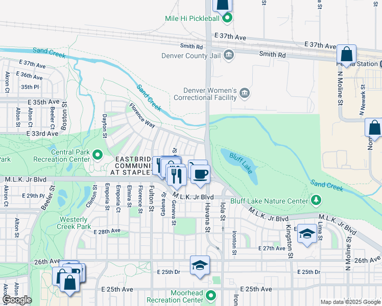 map of restaurants, bars, coffee shops, grocery stores, and more near 3177 Geneva Court in Denver