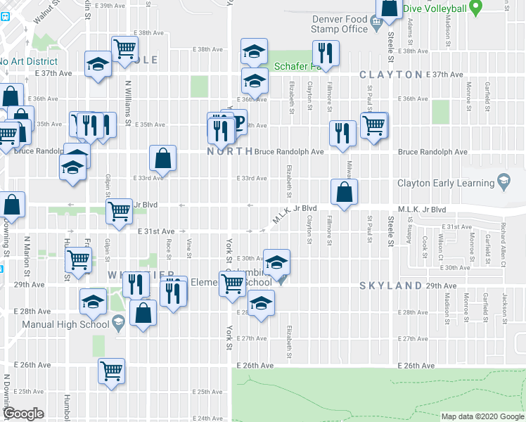 map of restaurants, bars, coffee shops, grocery stores, and more near 3200 Josephine Street in Denver