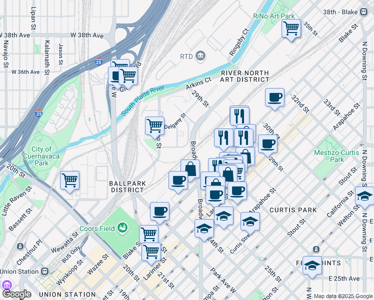 map of restaurants, bars, coffee shops, grocery stores, and more near 2700 Wewatta Way in Denver
