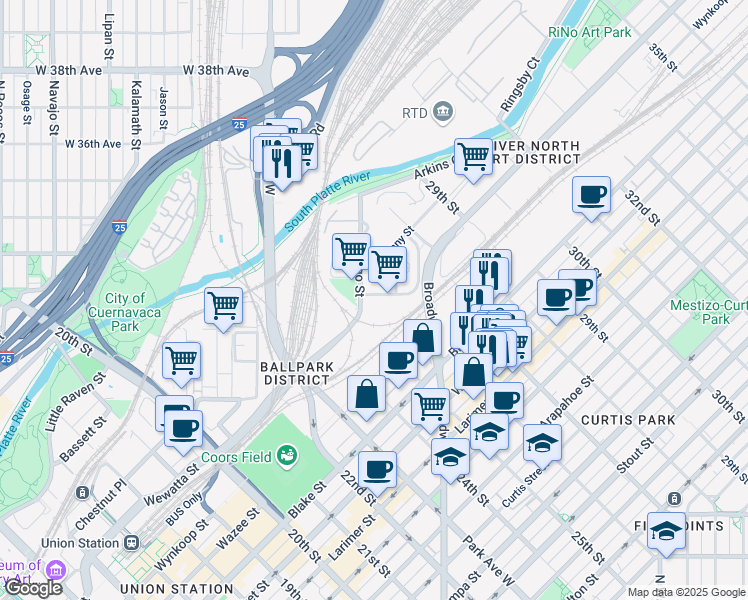 map of restaurants, bars, coffee shops, grocery stores, and more near 2525 Wewatta Way in Denver