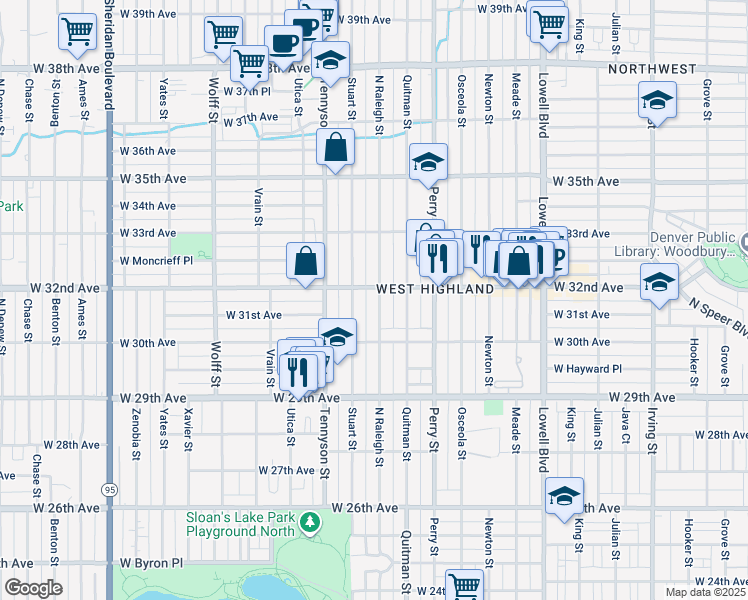 map of restaurants, bars, coffee shops, grocery stores, and more near 3141 Raleigh Street in Denver
