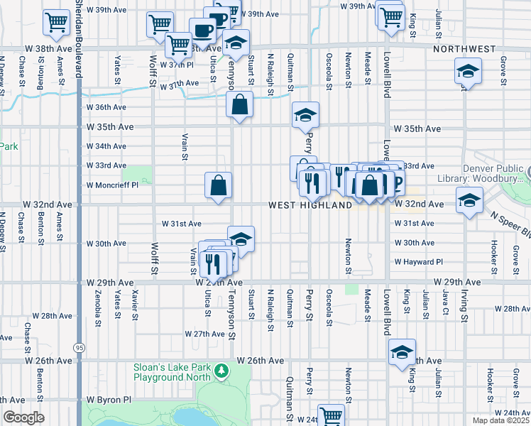 map of restaurants, bars, coffee shops, grocery stores, and more near 3141 Raleigh Street in Denver