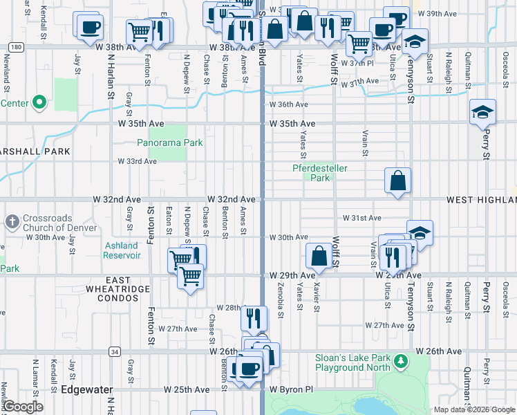map of restaurants, bars, coffee shops, grocery stores, and more near 3194 Ames Street in Wheat Ridge
