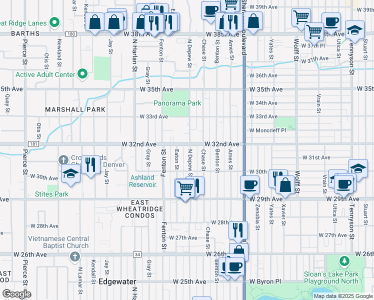 map of restaurants, bars, coffee shops, grocery stores, and more near 3196 Eaton Street in Wheat Ridge