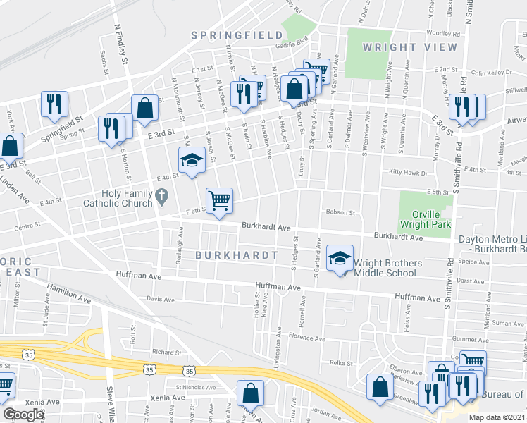 map of restaurants, bars, coffee shops, grocery stores, and more near 212 South Irwin Street in Dayton
