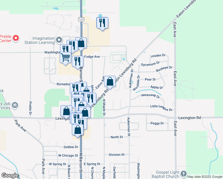 map of restaurants, bars, coffee shops, grocery stores, and more near 321 Eaton Lewisburg Road in Eaton