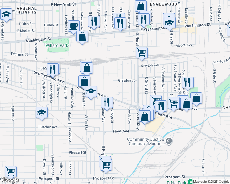 map of restaurants, bars, coffee shops, grocery stores, and more near 333 Trowbridge Street in Indianapolis