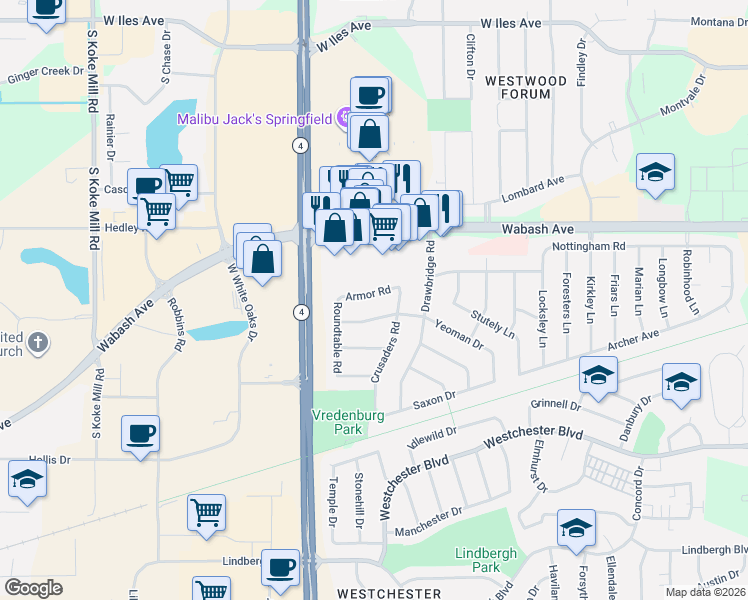 map of restaurants, bars, coffee shops, grocery stores, and more near 404 Armor Road in Springfield