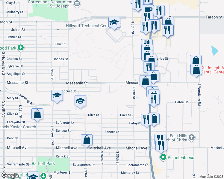 map of restaurants, bars, coffee shops, grocery stores, and more near 3424 Messanie Street in Saint Joseph