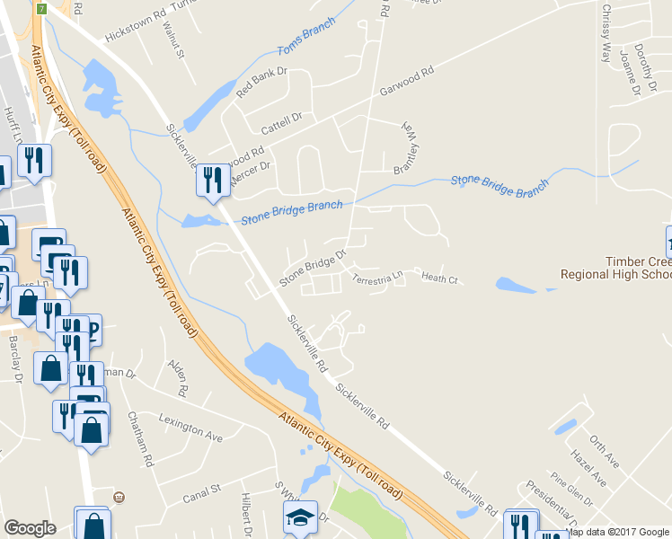 map of restaurants, bars, coffee shops, grocery stores, and more near 1 Mission Lane in Sicklerville