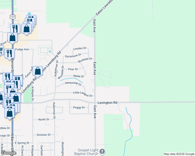 map of restaurants, bars, coffee shops, grocery stores, and more near 1503 East Avenue in Eaton
