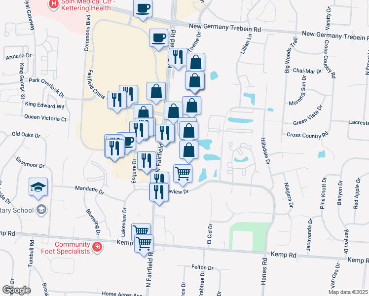 map of restaurants, bars, coffee shops, grocery stores, and more near 2490 North Fairfield Road in Beavercreek