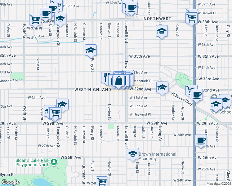 map of restaurants, bars, coffee shops, grocery stores, and more near 3714 West 32nd Avenue in Denver