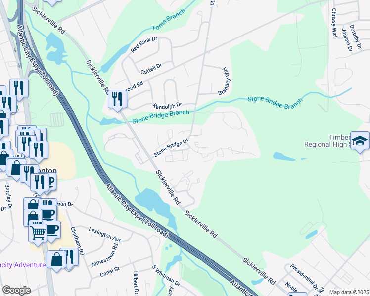 map of restaurants, bars, coffee shops, grocery stores, and more near 1 Mission Lane in Sicklerville